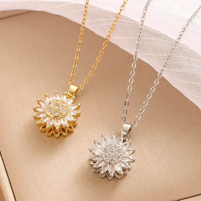 Birth Flower Necklace - Modny obrót Spin słonecznik cyrkonia ze